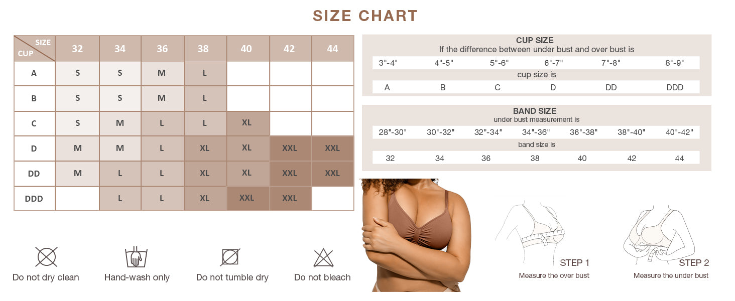 Model wearing wireless seamless cami bra in biege, diferrent sizes