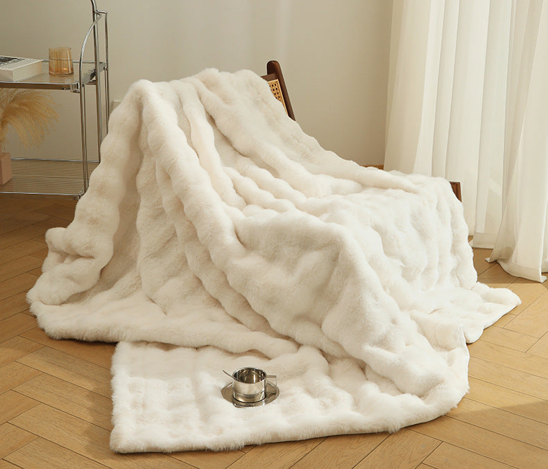 Light Luxury Polyester Faux Fur Leather Rex Rabbit Velvet Winter Sofa Bed Throws & Blankets Thickened Double Layer Blanket