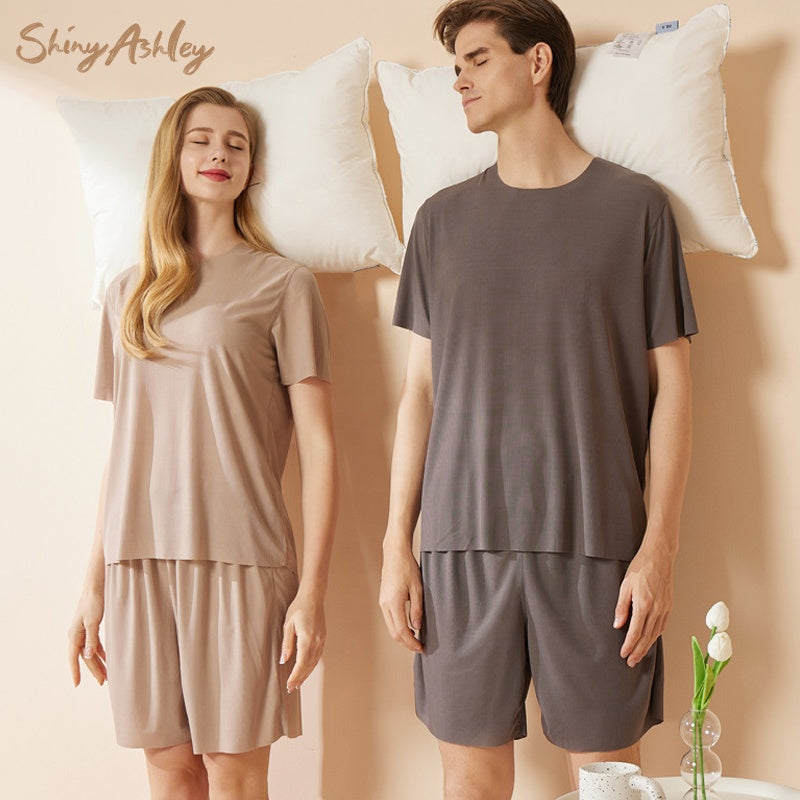 Cool couple pajamas women's round neck short-sleeved pajama pants suit summer shorts men's thin seamless ice silk home clothes
