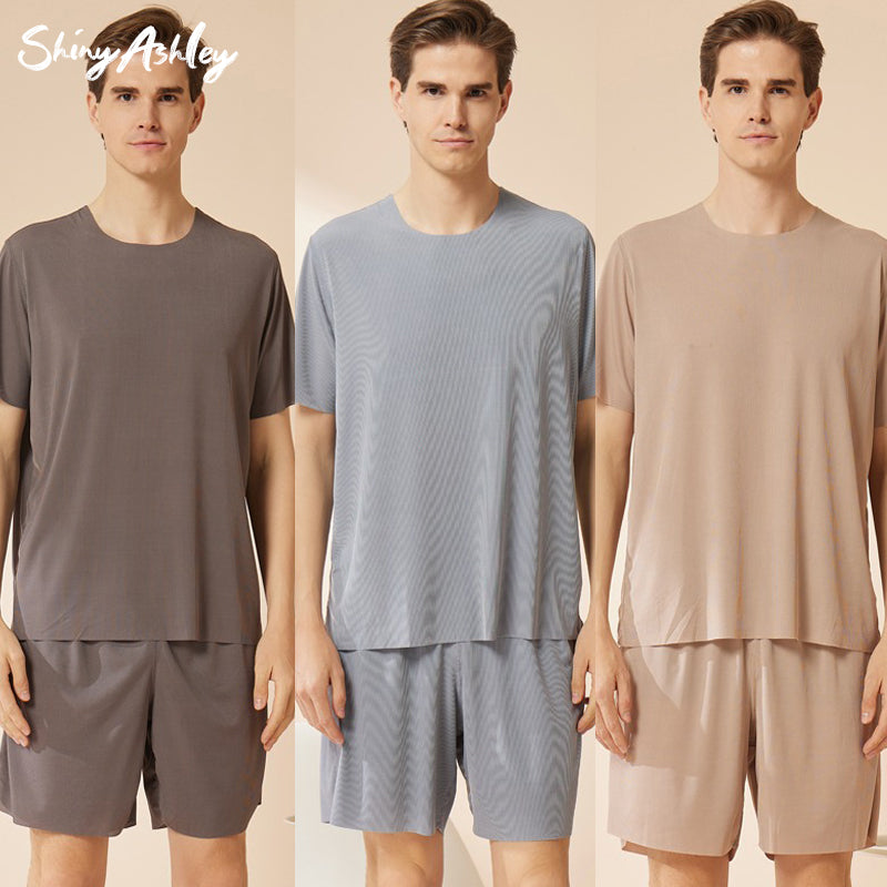 Cool couple pajamas women's round neck short-sleeved pajama pants suit summer shorts men's thin seamless ice silk home clothes