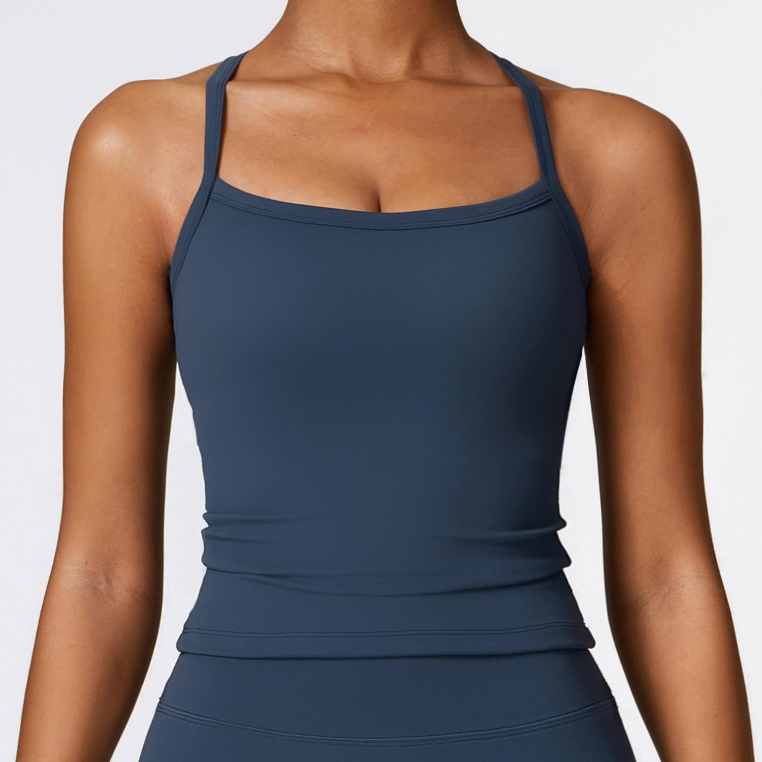 Two Pieces Women's Solid Backless Tracksuit Set, Spaghetti Strap Cami Top and high waist skinny Shorts