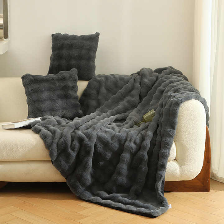 Light Luxury Polyester Faux Fur Leather Rex Rabbit Velvet Winter Sofa Bed Throws & Blankets Thickened Double Layer Blanket
