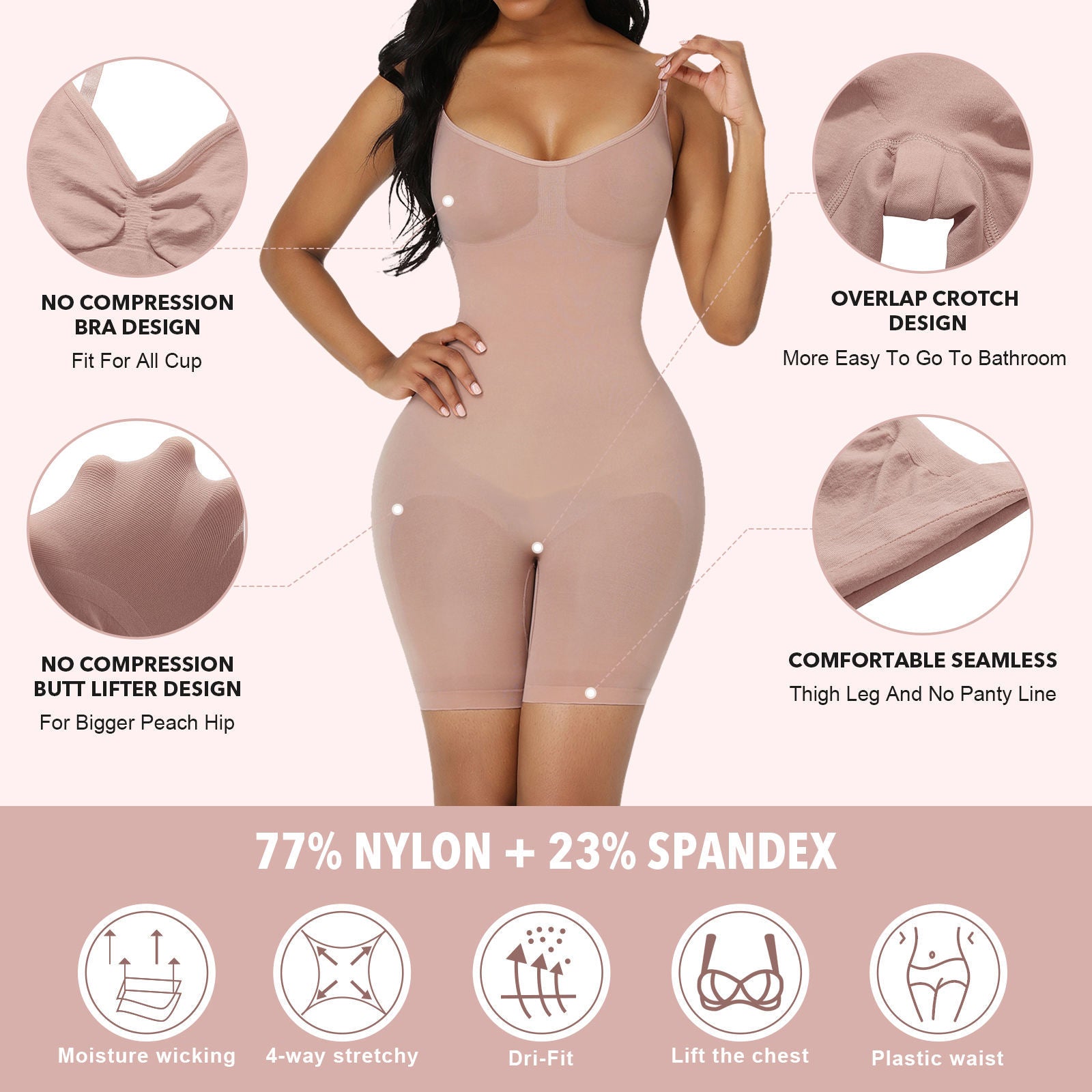 Tummy control shapewear bodysuit, beige front view, invisible under dresses – SavvyGirl