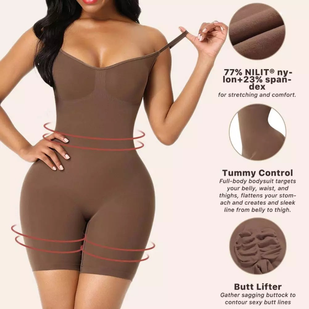 Tummy control shapewear bodysuit, front view in brown, full body slimming design – SavvyGirl