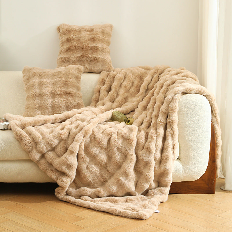 Light Luxury Polyester Faux Fur Leather Rex Rabbit Velvet Winter Sofa Bed Throws & Blankets Thickened Double Layer Blanket