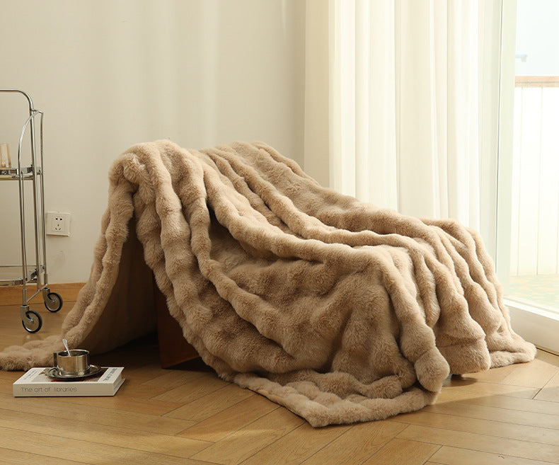 Light Luxury Polyester Faux Fur Leather Rex Rabbit Velvet Winter Sofa Bed Throws & Blankets Thickened Double Layer Blanket