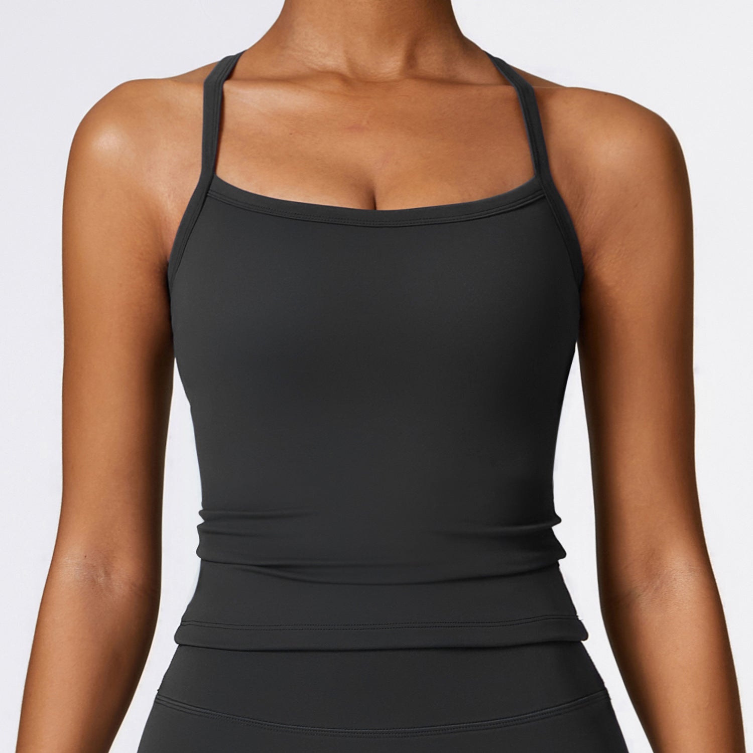 Two Pieces Women's Solid Backless Tracksuit Set, Spaghetti Strap Cami Top and high waist skinny Shorts