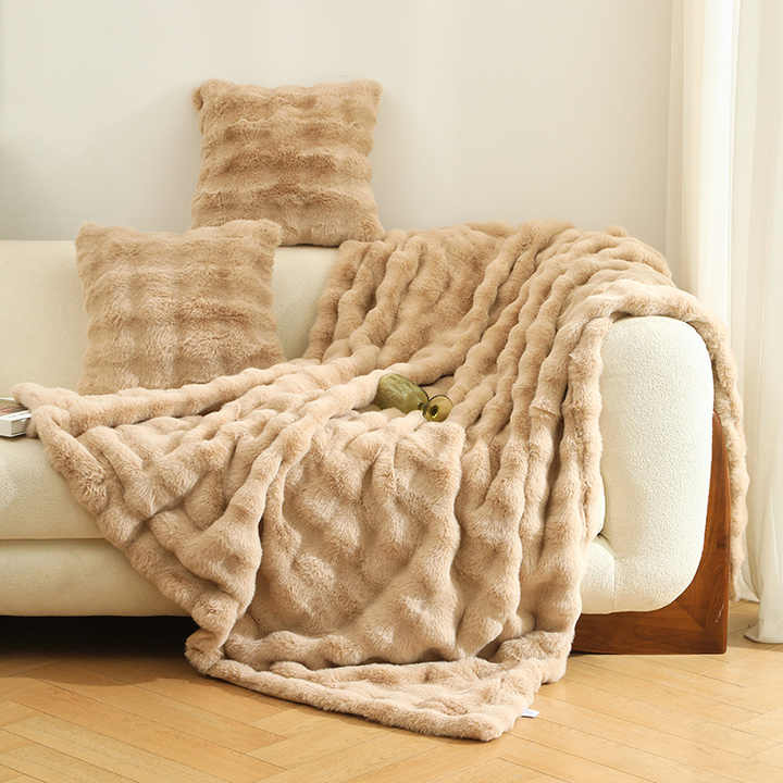 Light Luxury Polyester Faux Fur Leather Rex Rabbit Velvet Winter Sofa Bed Throws & Blankets Thickened Double Layer Blanket