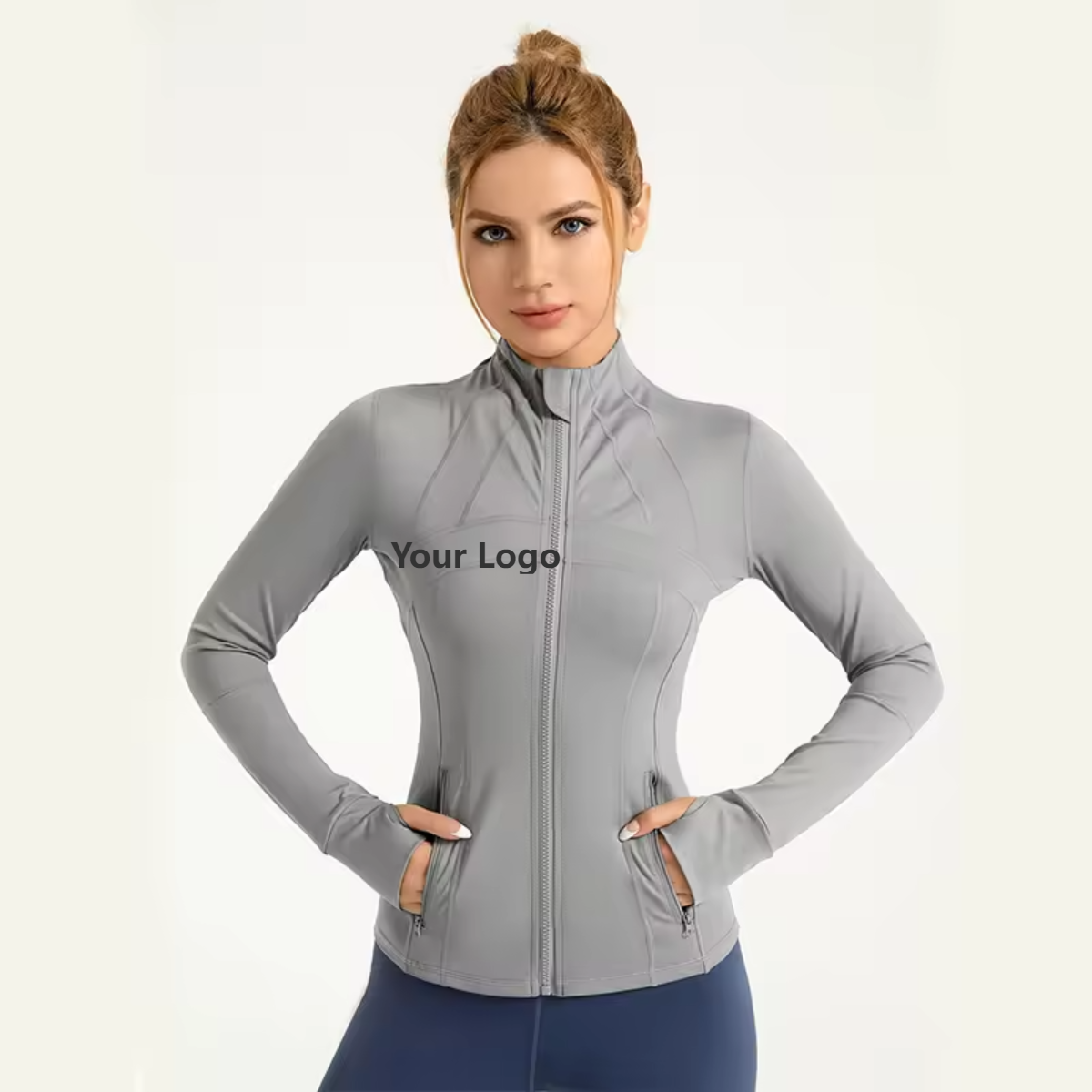 Women's Spring Solid Zip-up Pocket Sports Jacket, Long Sleeve Stand Coller sports outerwear