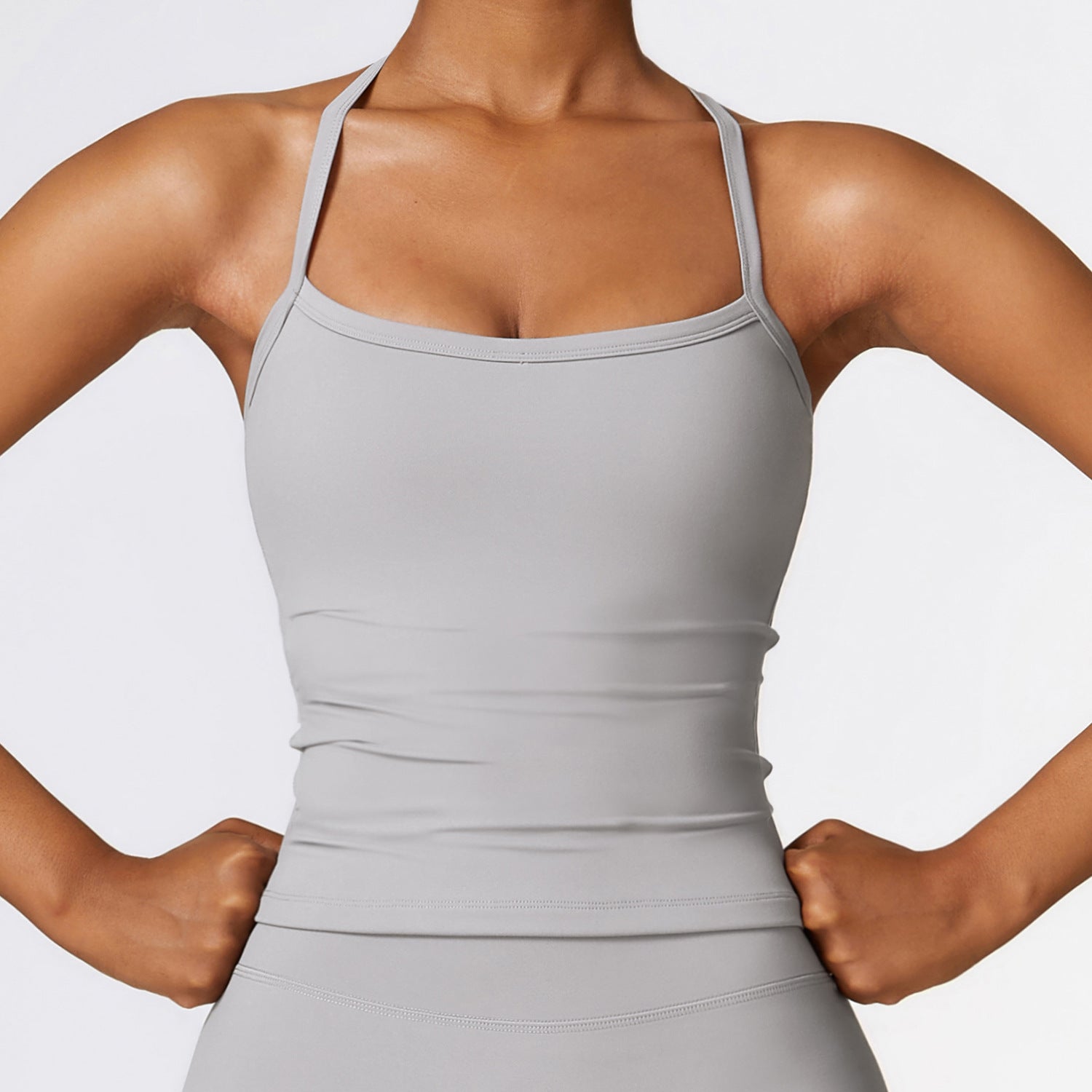 Two Pieces Women's Solid Backless Tracksuit Set, Spaghetti Strap Cami Top and high waist skinny Shorts