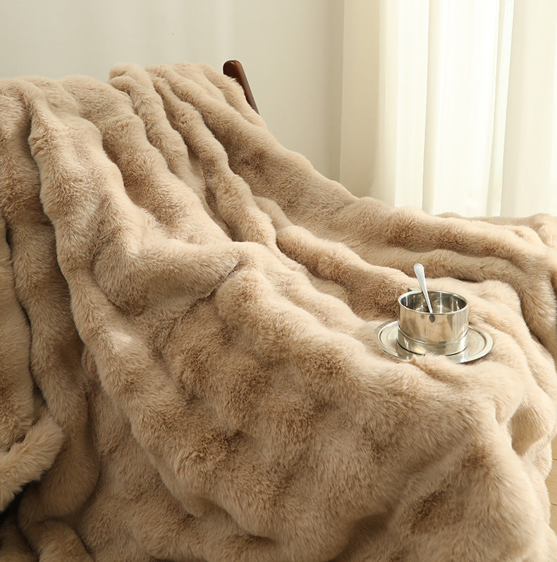Light Luxury Polyester Faux Fur Leather Rex Rabbit Velvet Winter Sofa Bed Throws & Blankets Thickened Double Layer Blanket
